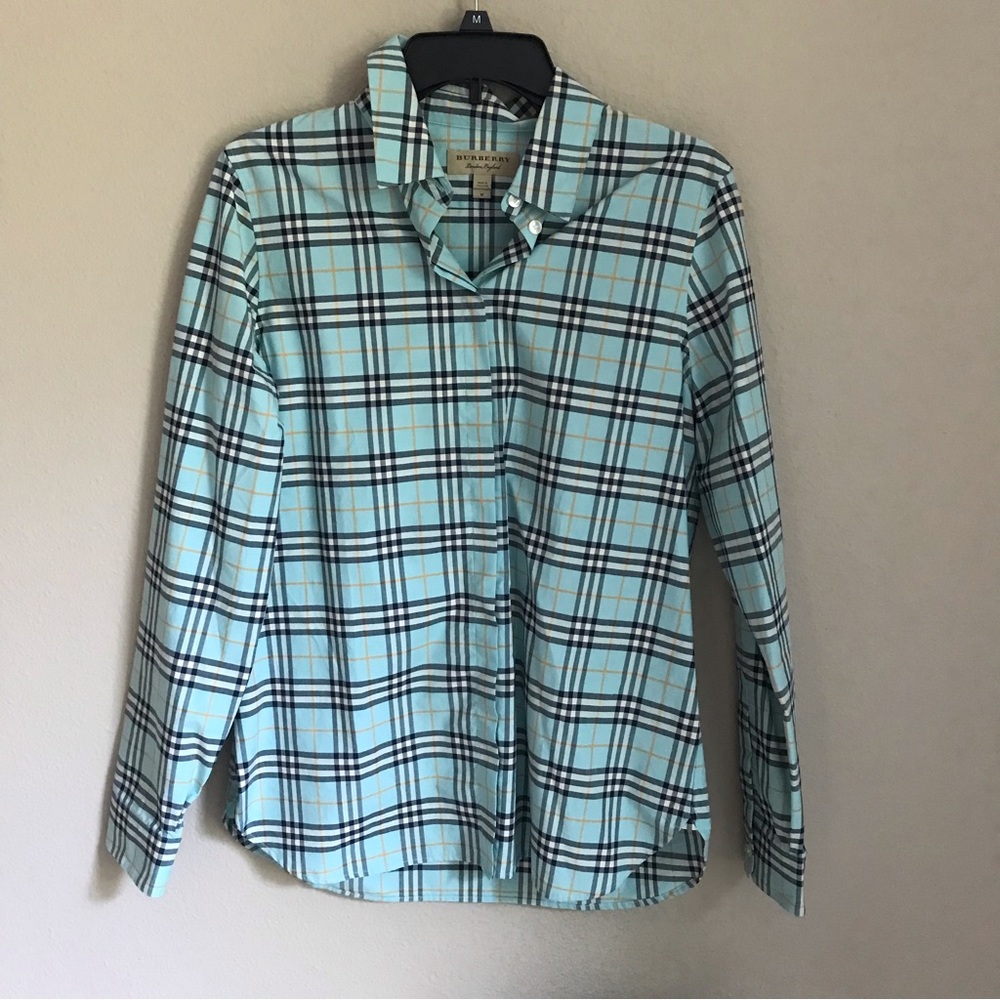 Burberry London Womens Crow Plaid Shirt  Bright Aqua